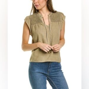 BELLA DAHL EUC Sz L Smocked Ruffle Top in Tan, 100% Tencel